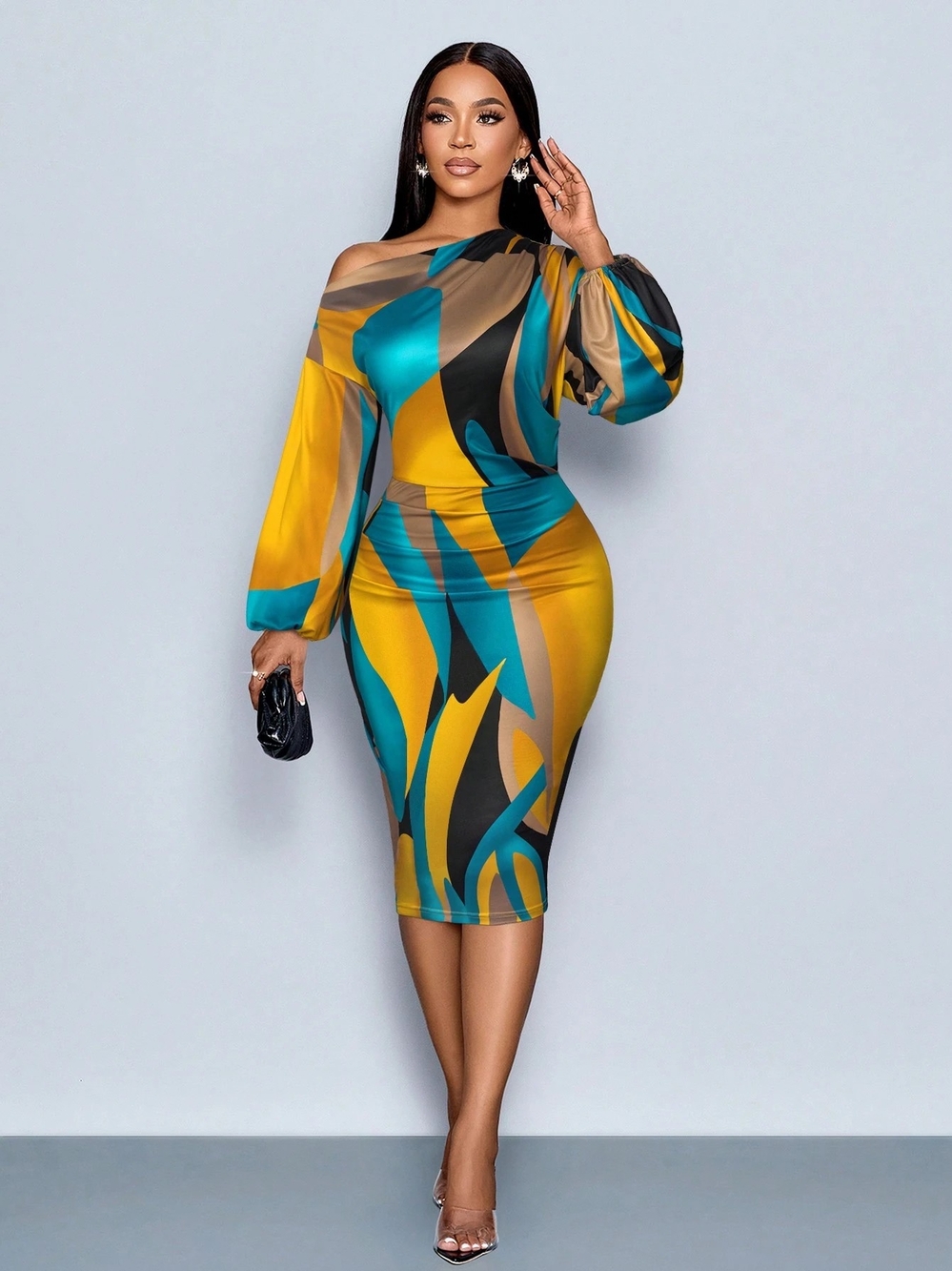 Abstract One-Shoulder Sheath Dress in Mustard & Teal
